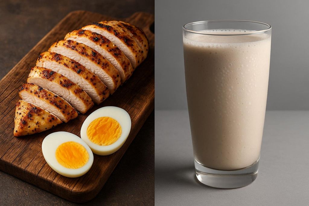 A split image showing grilled chicken breast and hard-boiled eggs on a wooden cutting board on the left, and a glass of protein shake on the right, comparing whole food protein sources to a liquid protein supplement.