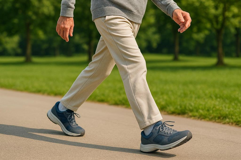An older adult, seen from the waist down, walks briskly on a paved path in a lush green park. They are wearing light-colored pants and dark blue athletic shoes with white soles.