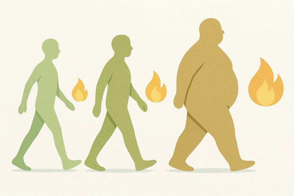 An infographic illustrating calorie burn. Three stylized figures, progressively larger, walk from left to right. Each figure has a flame icon beside them, with the flame increasing in size proportionally to the figure's size, indicating higher calorie burn with greater body weight.