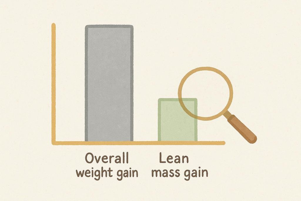 A bar chart illustration displaying a tall gray bar labeled "Overall weight gain" and a shorter green bar labeled "Lean mass gain." A magnifying glass is positioned over the green bar.