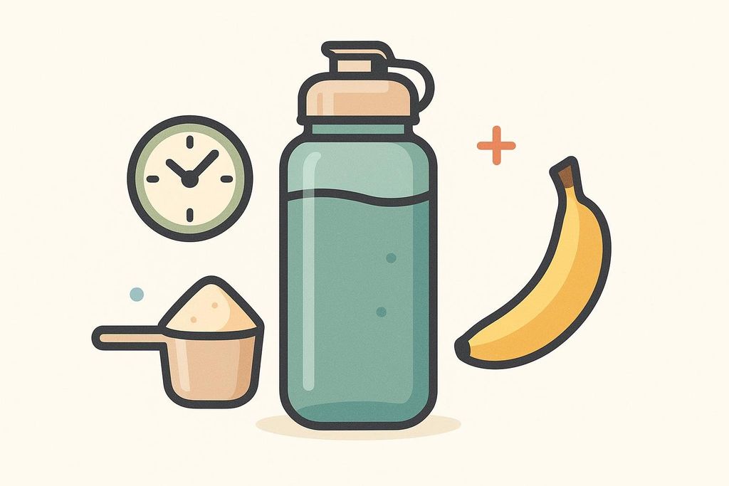 A collection of stylized icons related to fitness and nutrition: a water bottle, a clock, a measuring scoop, and a banana. A red plus sign is also visible.