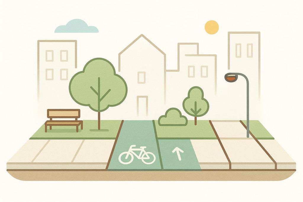 Cityscape illustration showing sidewalks, bike lanes, and green spaces representing a healthy built environment with trees, a park bench, and buildings in the background.