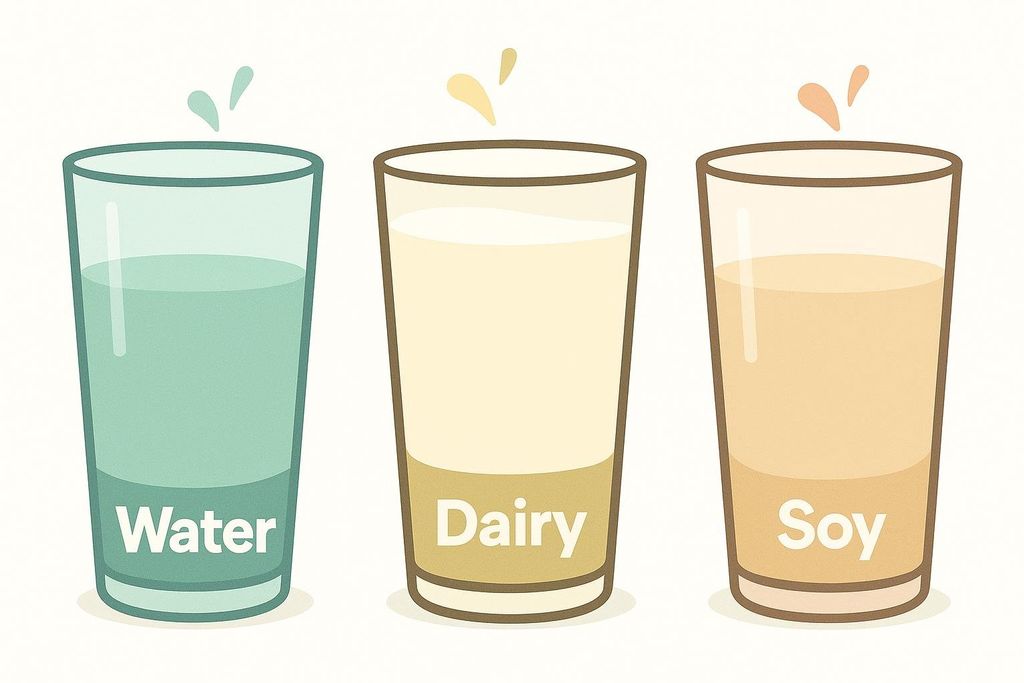 An illustration depicting three glasses of liquid labeled 'Water', 'Dairy', and 'Soy' from left to right, comparing different beverage bases.