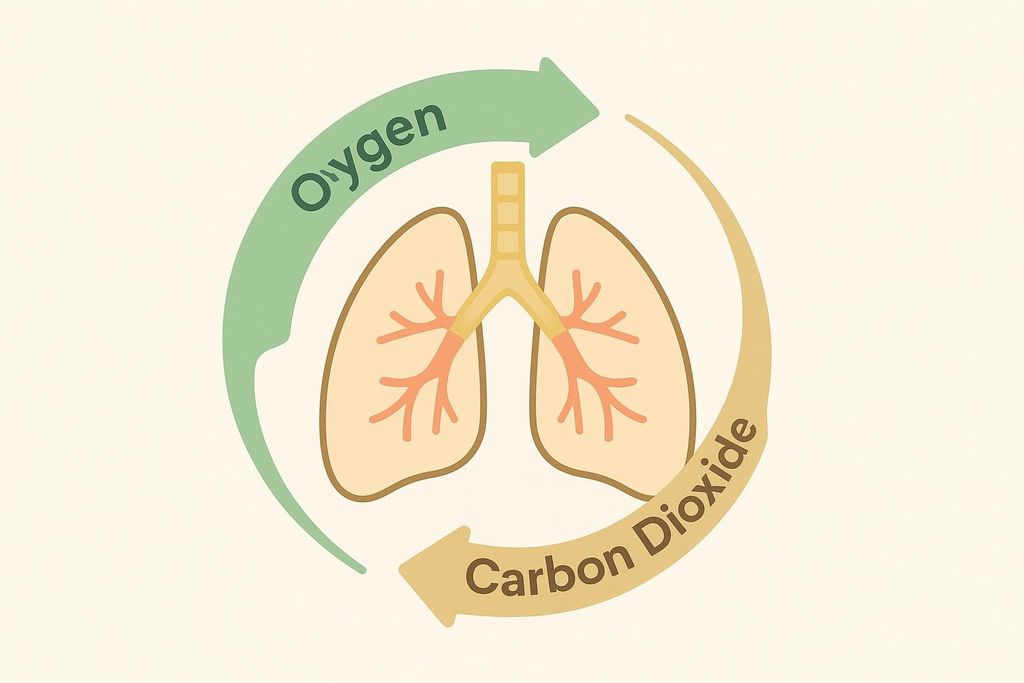 A simplified diagram of human lungs showing two curved arrows representing the exchange of oxygen and carbon dioxide. A green arrow labeled 'Oxygen' points into the lungs, and a yellow-brown arrow labeled 'Carbon Dioxide' points out of the lungs, indicating the respiratory process.