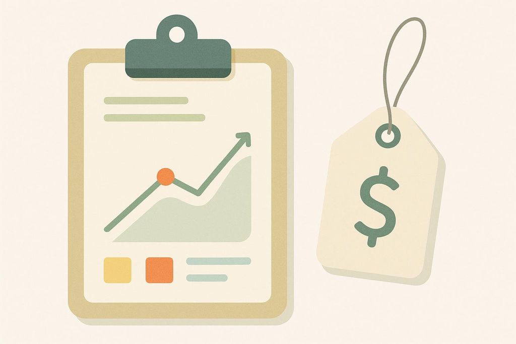 An illustration of a clipboard with an upward-trending chart on it, positioned next to a price tag showing a dollar sign. This visually abstractly represents financial data or cost analysis.