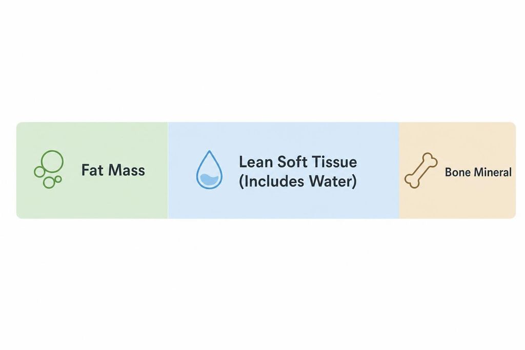 A horizontal bar divided into three sections: green for 'Fat Mass' with a cell-like icon, blue for 'Lean Soft Tissue (Includes Water)' with a water droplet icon, and beige for 'Bone Mineral' with a bone icon. This graphic illustrates the components of body composition.