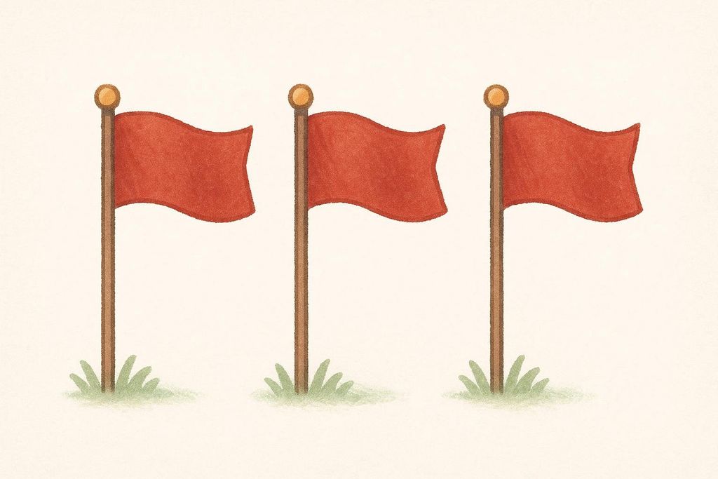 An illustration showing three identical, slightly wavy red flags planted in the ground with small tufts of green grass at their base. The background is a plain, light off-white color.