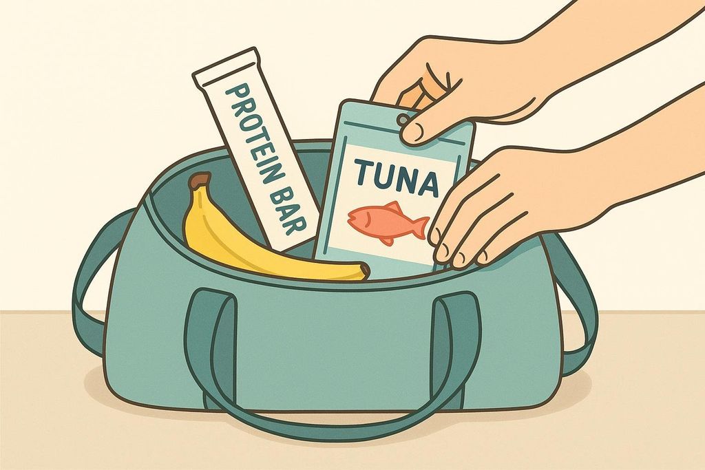 An illustration of hands packing a protein bar, a banana, and a tuna pouch into a teal bag, suggesting preparing on-the-go fitness snacks.