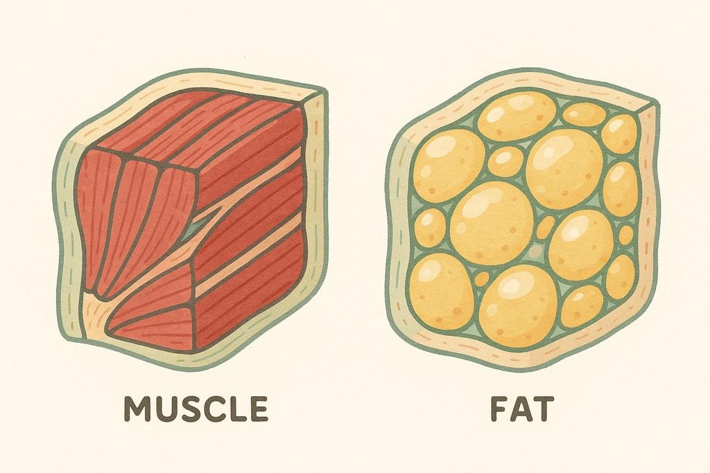 An illustration comparing a cross-section of dense red muscle tissue with a label 'MUSCLE' below it, to a cross-section of unstructured yellow fat tissue with a label 'FAT' below it, both against a light background.