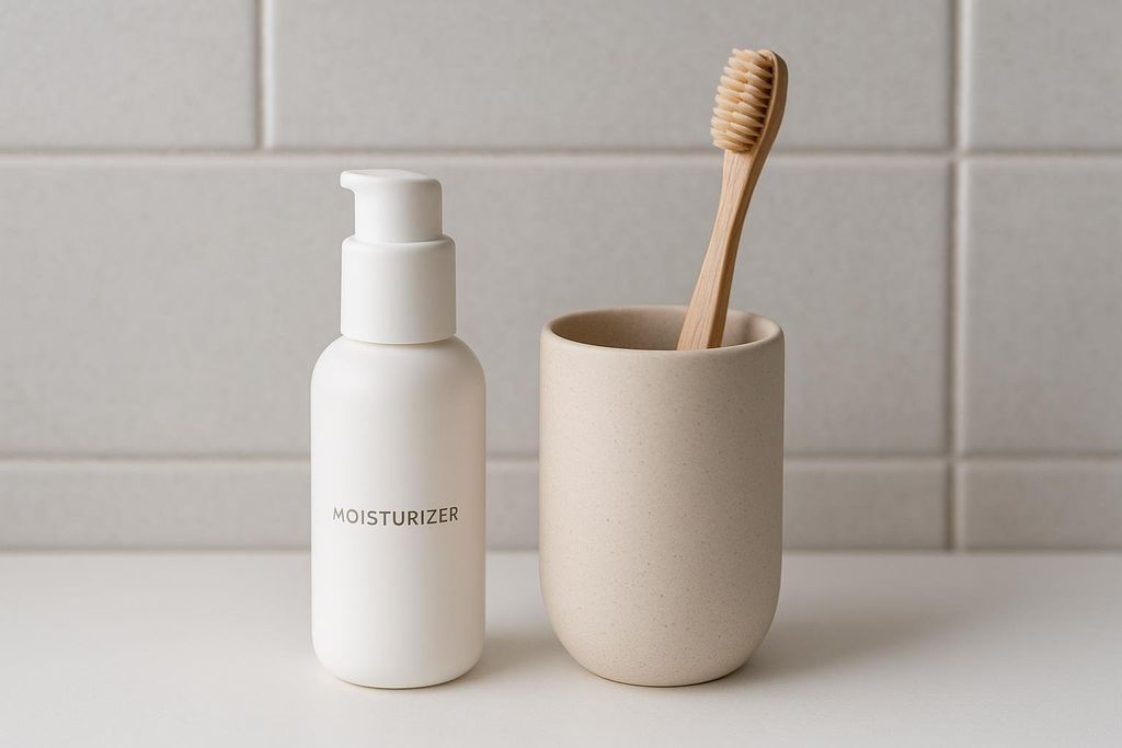 A white bottle of moisturizer with a pump next to a light brown ceramic cup holding a wooden toothbrush. The items are on a white surface with light gray tiled walls in the background, illustrating the concept of habit stacking.