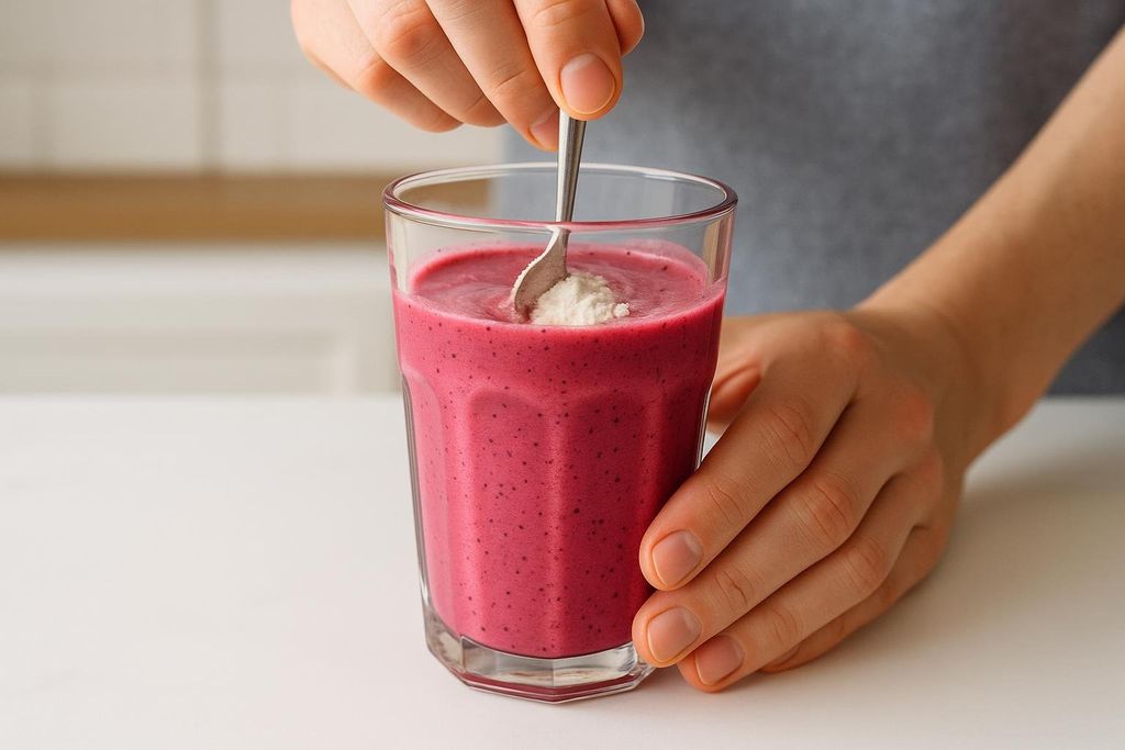 A close-up shot of a person mixing a spoonful of white powder into a vibrant berry smoothie in a clear glass. The person holds the glass with one hand and stirs with a spoon held in the other.
