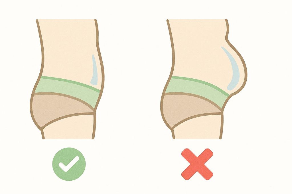 An illustration comparing correct core engagement (left, denoted by a green checkmark) with a flat abdomen, versus abdominal 'doming' (right, denoted by a red 'x') with a bulging abdomen. This visual guide is intended to help modify exercises for diastasis recti.