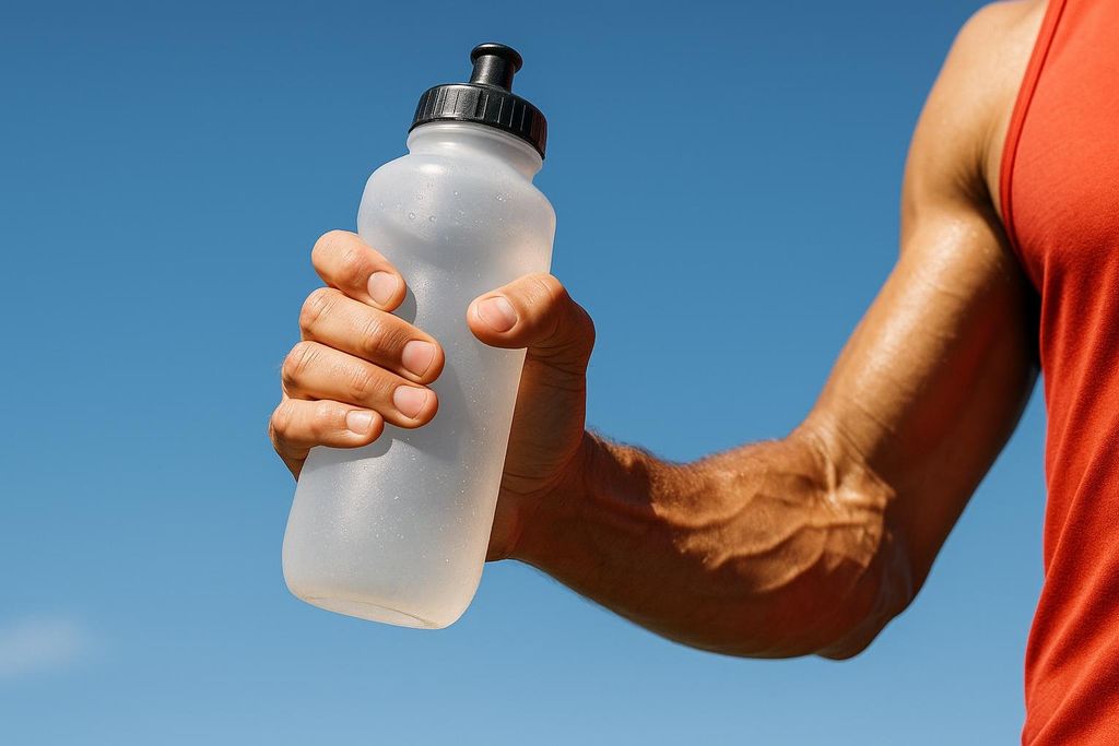 A close-up shot of a runner's arm and hand holding a clear water bottle against a bright blue sky. The runner is wearing an orange tank top and their arm shows prominent veins, suggesting exertion.