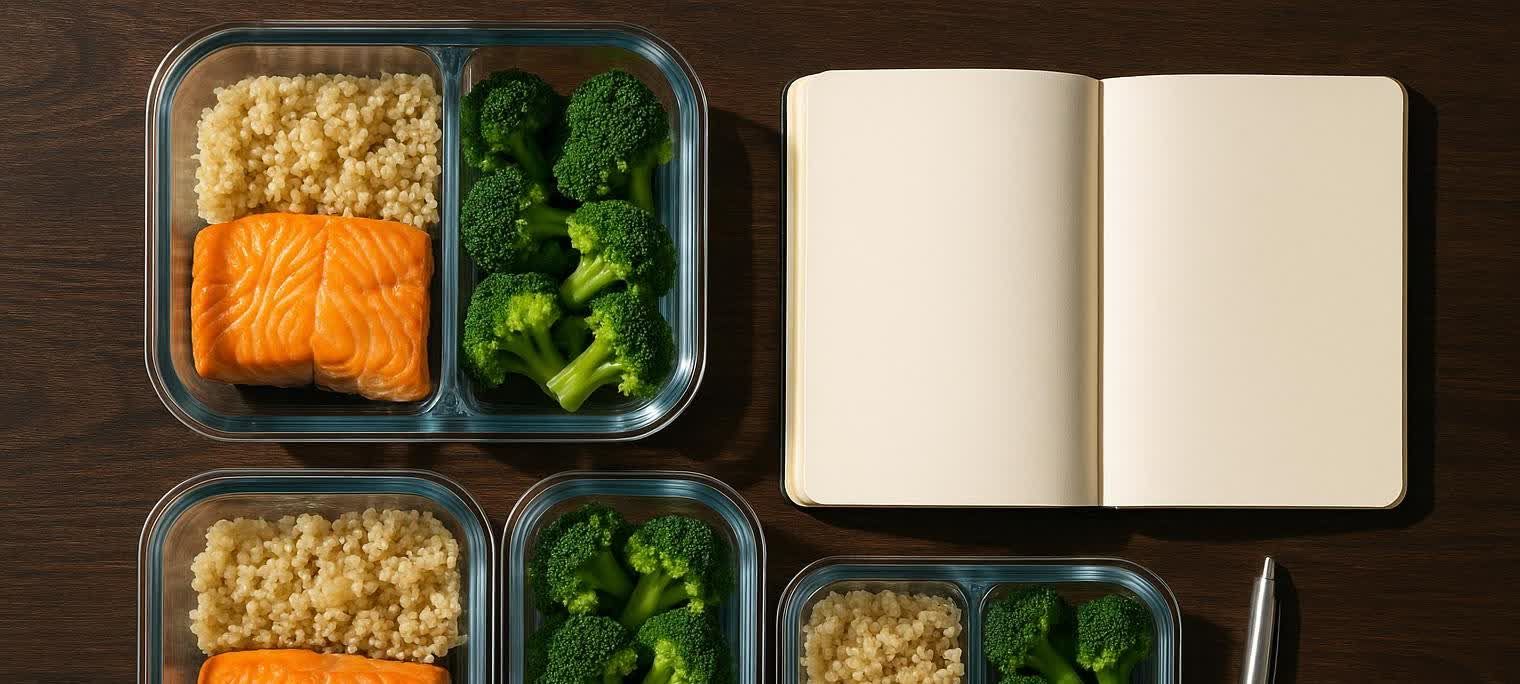 Overhead view of three glass meal prep containers filled with pre-portioned salmon, quinoa, and broccoli, arranged around an open blank notebook and a pen on a dark wooden table. The arrangement suggests healthy eating, meal planning, and precise macronutrient tracking.