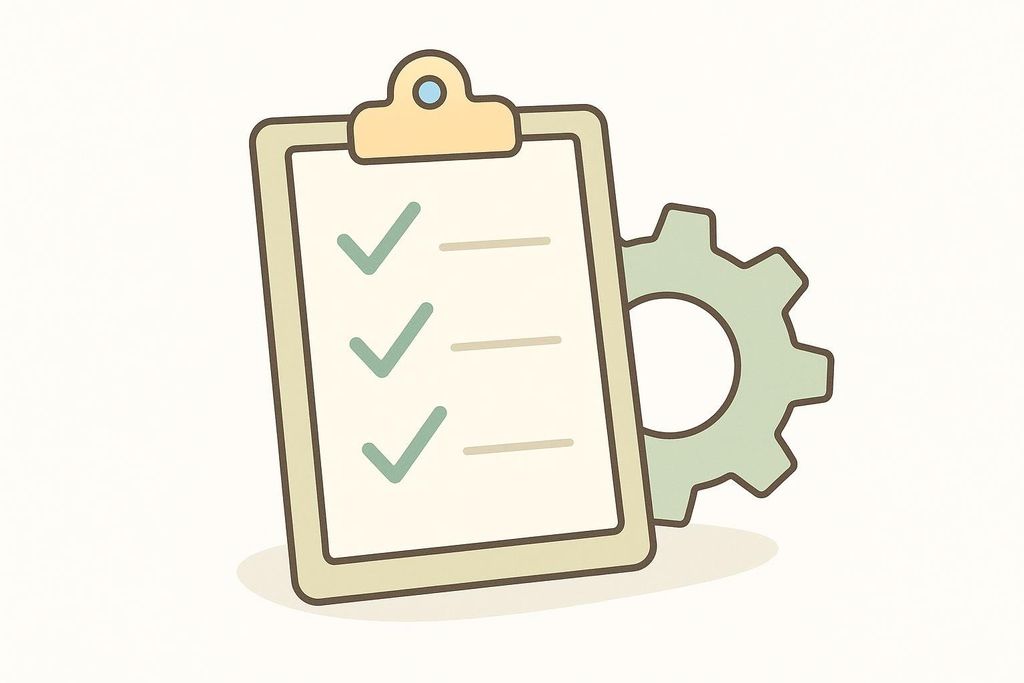 An illustration of a clipboard with a checklist. Three items on the checklist have green checkmarks, indicating completion. A light green gear is visible behind the clipboard on the right side.