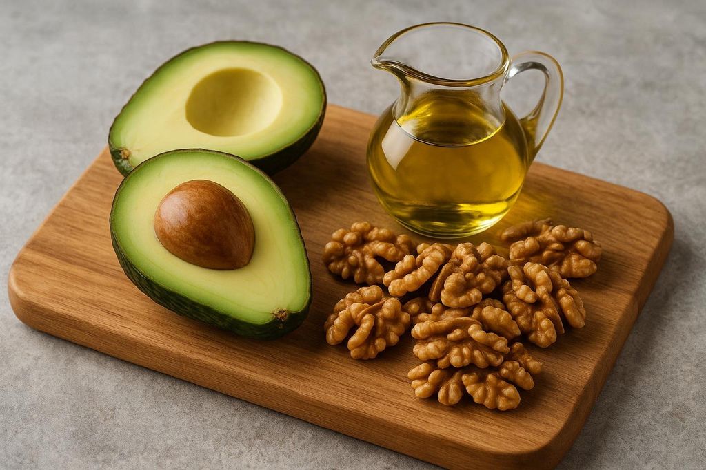 An overhead shot of healthy fats on a wooden cutting board, including two halves of an avocado (one with a pit), a small glass pitcher of golden oil, and a pile of walnuts.