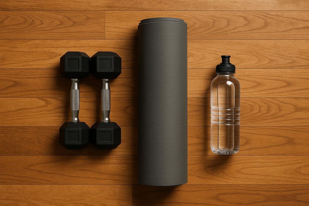An overhead view of two black dumbbells, a rolled-up grey yoga mat, and a clear water bottle, all neatly arranged on a light brown wooden floor.