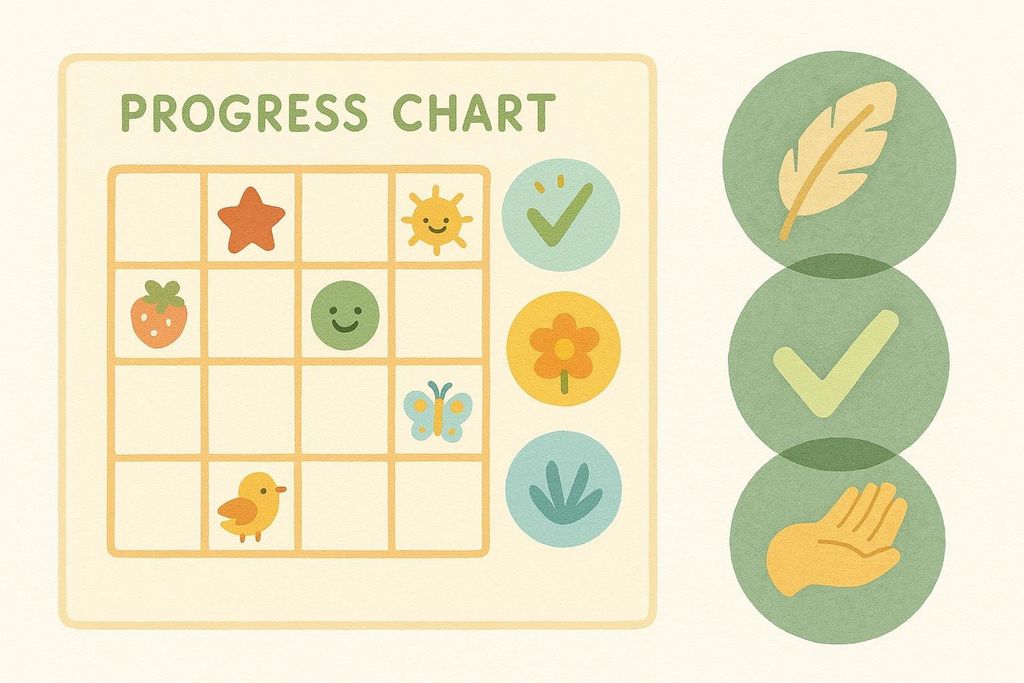 Illustration of a gamified progress chart for kids, featuring colorful stickers like a star, sun, strawberry, smiley face, butterfly, and bird. To the right are three circular badges with icons: a feather, a checkmark, and an open hand, indicating achievements.