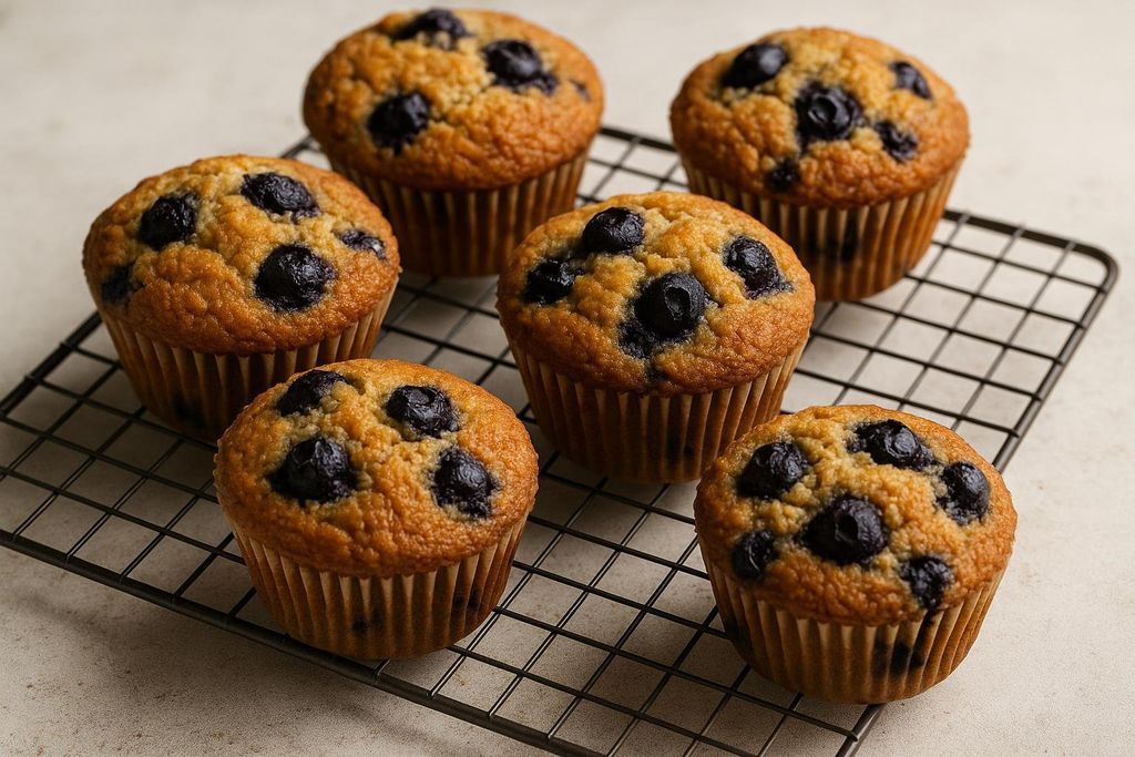 Close-up of six freshly baked keto-friendly blueberry muffins cooling on a wire rack.