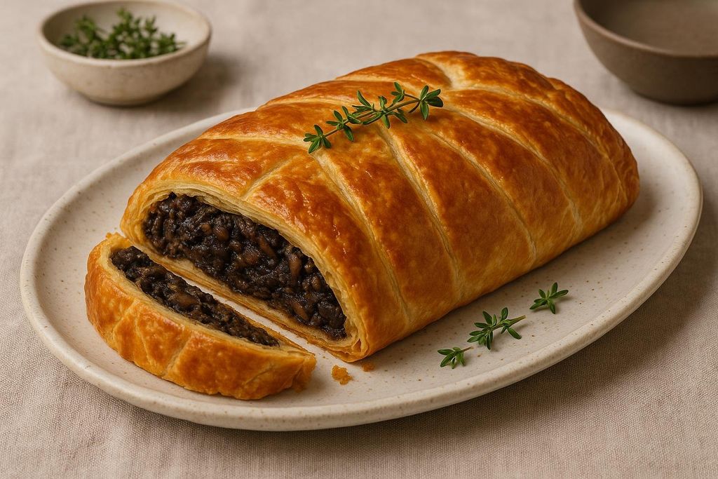 A golden-brown vegan mushroom wellington on a white serving platter, with one slice cut showing the dark, rich mushroom filling.