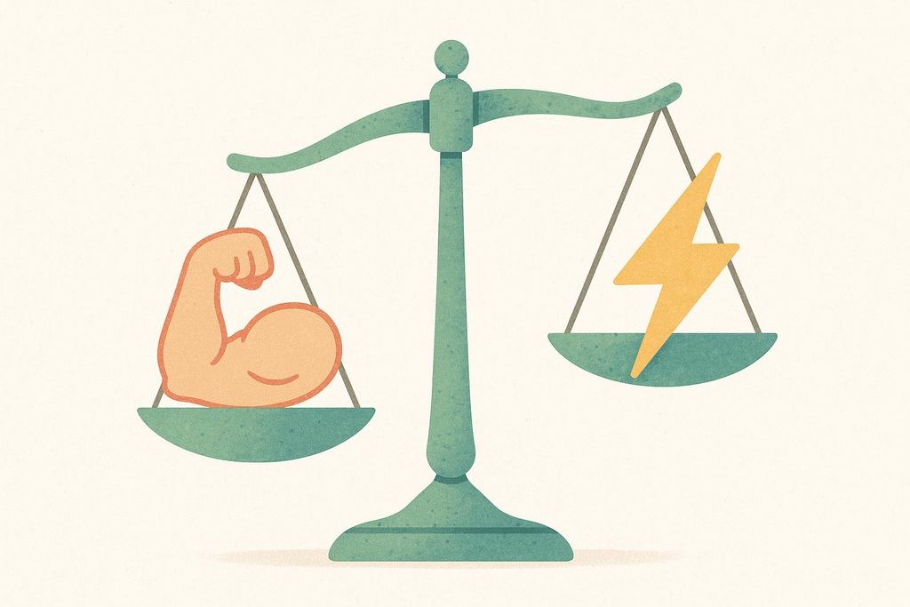 An illustration of a green balance scale. On the left pan is an orange flexing bicep, icon for muscle growth. On the right pan is a yellow lightning bolt, icon for energy use. Both pans are balanced, representing the interference effect where muscle growth and energy use (cardio) can be at odds.