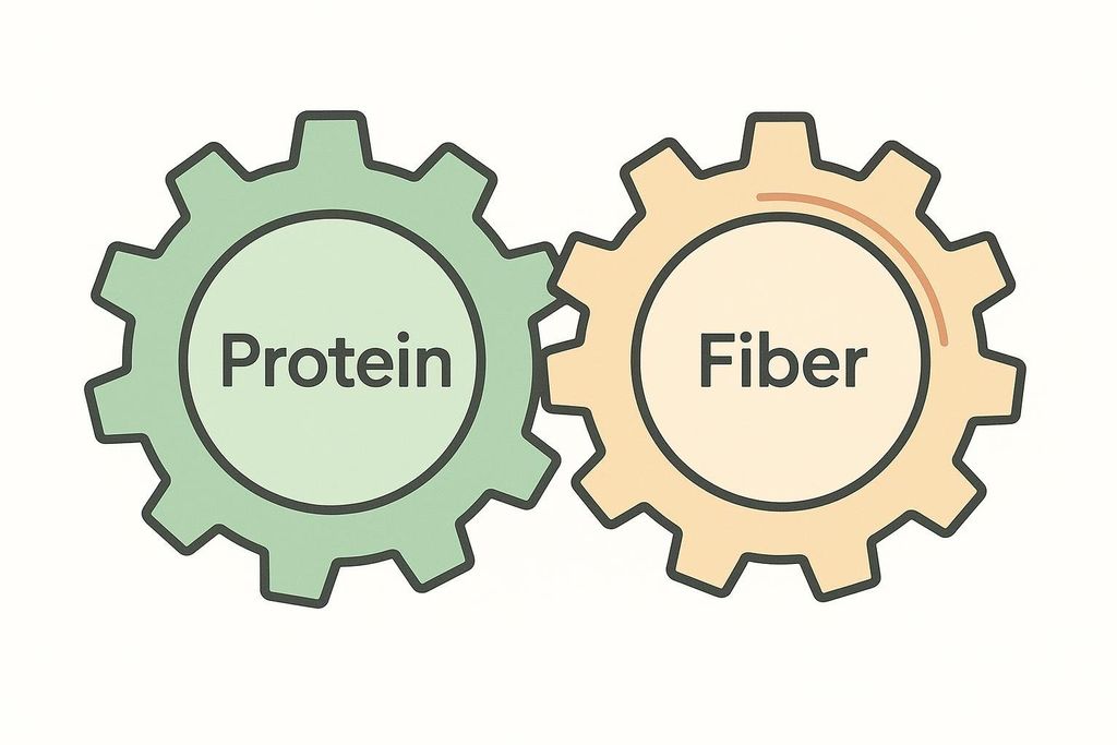 Vector drawing of two interconnected gears, one light green labeled 'Protein' and the other light orange labeled 'Fiber', signifying their collaborative role in nutrition.