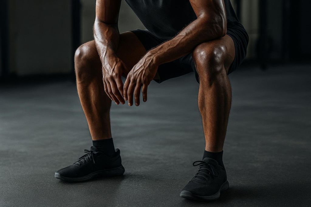 An athlete with muscular arms and legs, wearing black workout clothes and shoes, is resting with hands on knees, sweating after a workout.