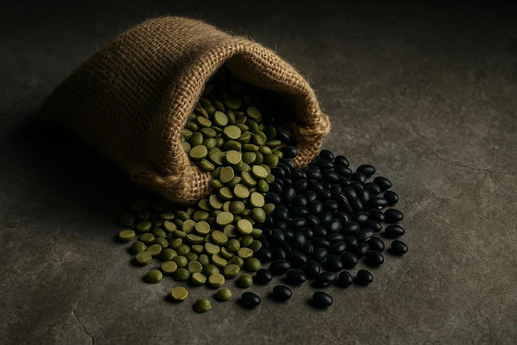 A rustic burlap sack lies tilted on a dark, textured surface, spilling out a vibrant pile of dried green split peas and a contrasting mound of black beans.