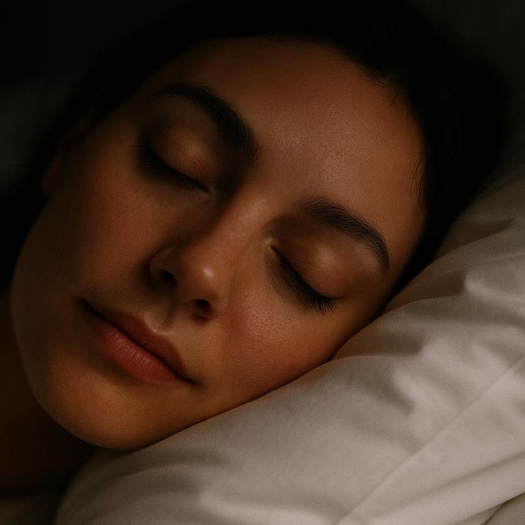 Close-up of a peaceful person's face sleeping deeply on a white pillow in a dimly lit room.