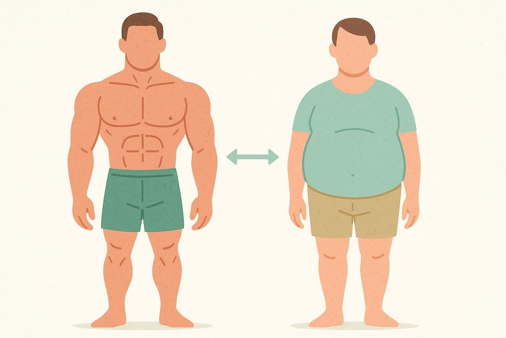 An illustration comparing a muscular man and a sedentary man to demonstrate the difference in body size and shape.