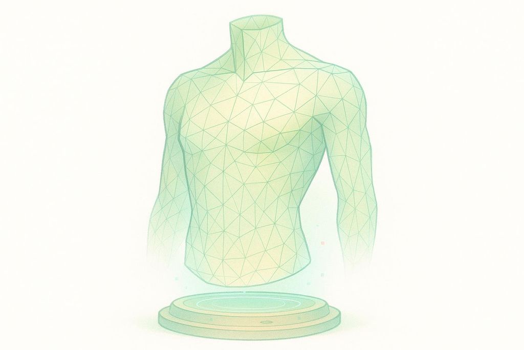 An abstract, polygonal wireframe representation of a human torso, rendered in shades of green and yellow, resting on and emerging from a circular, stacked platform.
