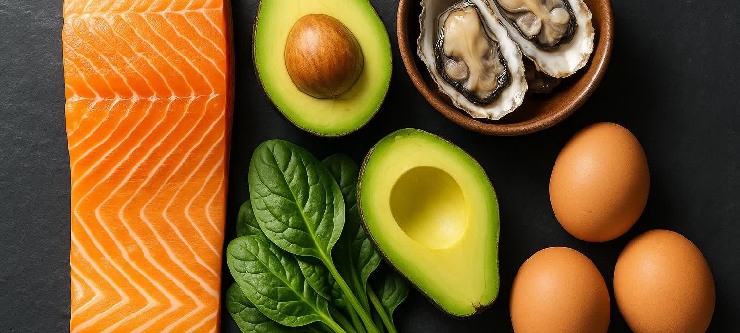 A flat lay of common foods believed to boost testosterone on a dark background. Featured items include a large salmon fillet, two halves of an avocado (one with a pit, one without), a bunch of fresh spinach leaves, two oysters in a decorative bowl, and three brown eggs.