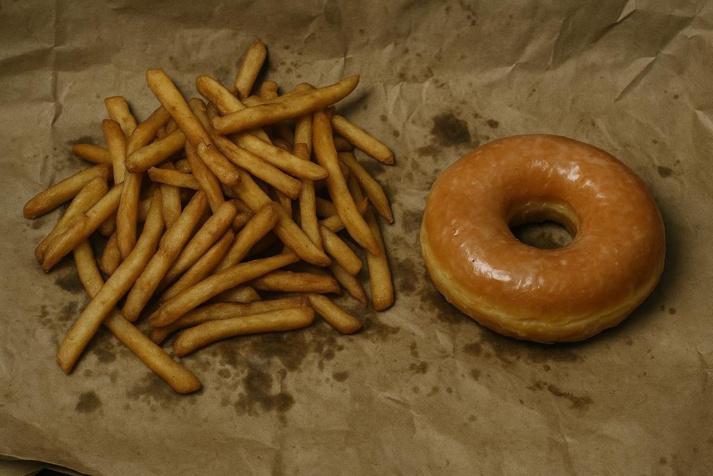 A pile of golden-brown french fries and a single glazed donut sit on a crumpled piece of brown paper with visible grease stains. The image captures trans-fat-heavy fried foods, often depicted as items to consider avoiding for health reasons.