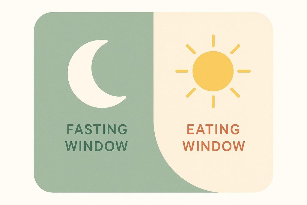 A two-panel icon illustrating intermittent fasting. The left panel, with a green background, shows a white crescent moon and the text 'FASTING WINDOW'. The right panel, with a cream background, shows a yellow sun and the text 'EATING WINDOW'.
