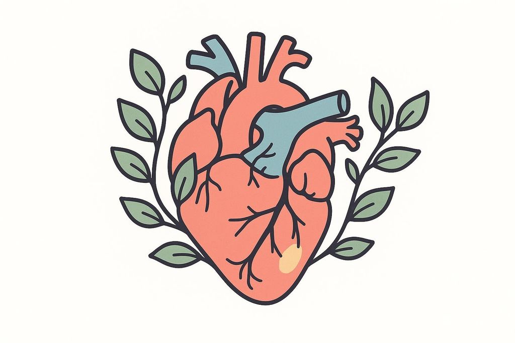 An illustration of an anatomical human heart in shades of red and blue, surrounded by green leafy vines. The heart is depicted in a stylized, somewhat cartoonish manner with black outlines.