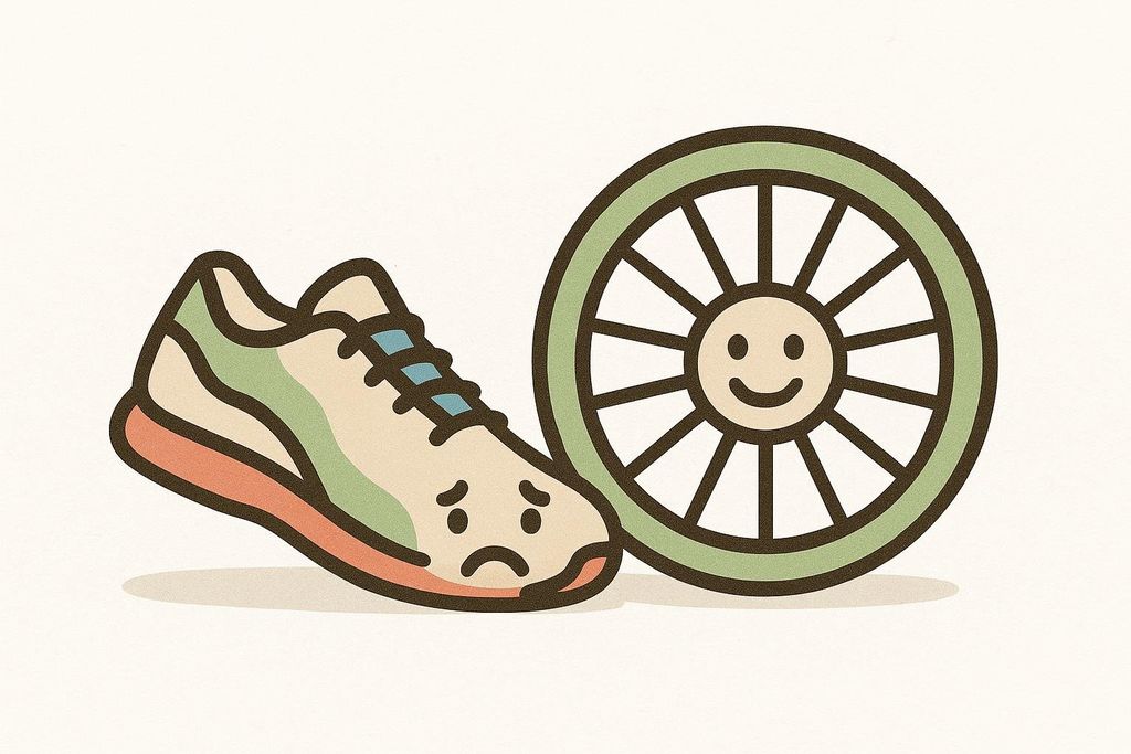 An illustration comparing a sad running shoe to a happy bicycle wheel, symbolizing cycling as a more joint-friendly option than running.