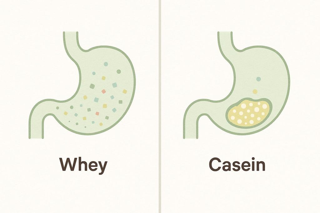 Illustration comparing the digestion of whey and casein proteins in the stomach. On the left, dispersed colorful particles within a stomach outline represent whey digesting quickly. On the right, a yellowish, clumpy gel within a stomach outline represents casein forming a gel for slow digestion.