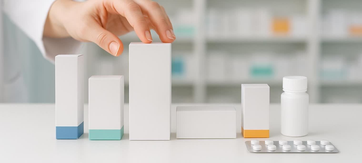 A person's hand reaching for various unbranded medication boxes and a white pill bottle on a clean pharmacy counter, with a blister pack of pills in the foreground. The boxes have minimalist designs, some with colored bases (blue, teal, orange).