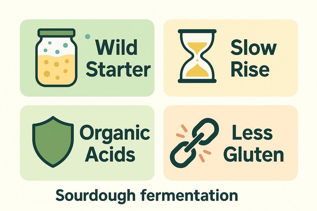 A four-part diagram illustrating key sourdough traits. The panels show: 'Wild Starter' with a jar of bubbly starter, 'Slow Rise' with an hourglass, 'Organic Acids' with a shield, and 'Less Gluten' with a broken chain. The bottom text reads 'Sourdough fermentation'.