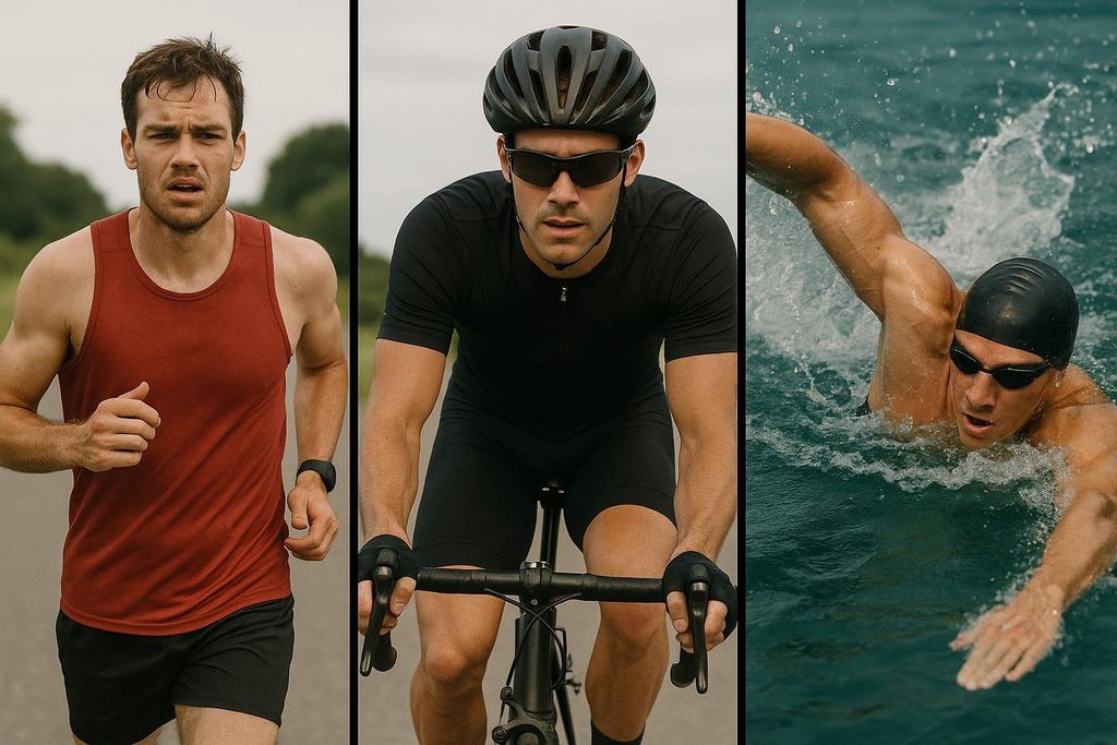 A triptych showing a triathlete running, cycling, and swimming.