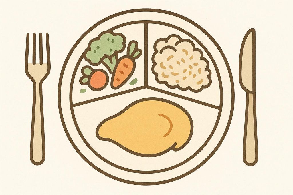Stylized illustration of a balanced plate with a large portion of lean protein, alongside vegetables and grains, emphasizing the importance of protein.