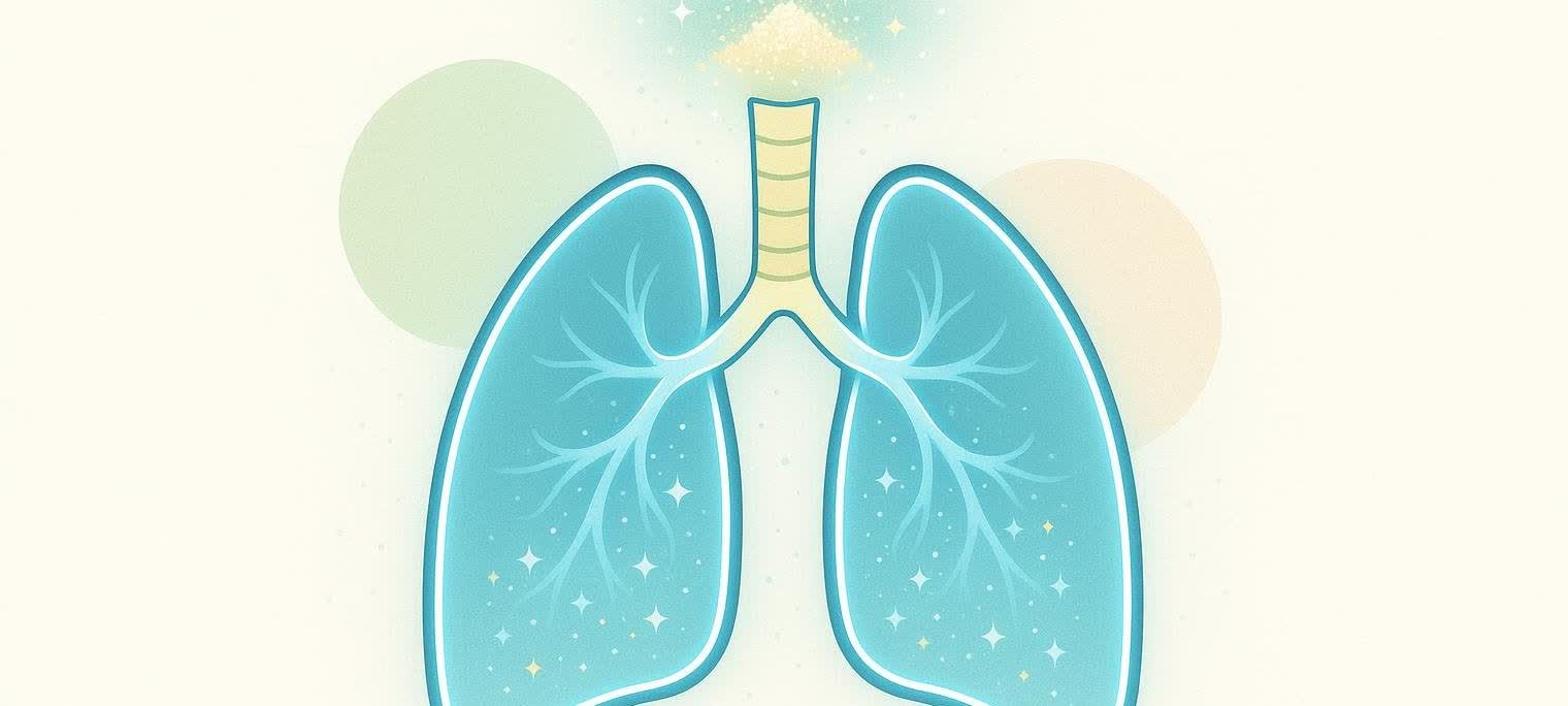 An illustration depicting human lungs absorbing insulin powder. The powder, shown as a sparkling, light yellow cloud, is being inhaled and dispersed throughout the turquoise-colored lungs.