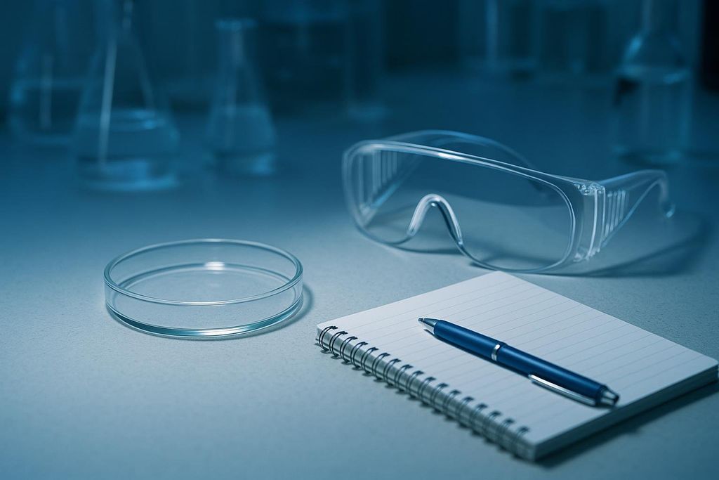 A close-up of a laboratory workstation featuring a petri dish, safety glasses, a spiral notebook, and a blue pen, with blurred beakers in the background.