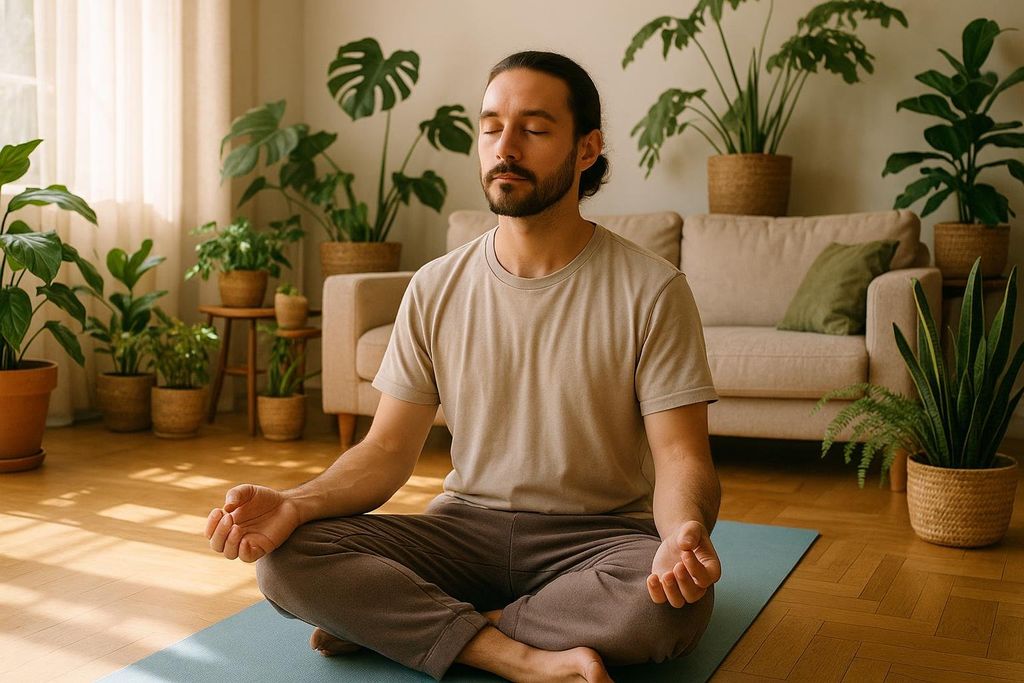 A man with a beard and dark hair tied back practices meditation, sitting cross-legged on a blue yoga mat with his eyes closed. He is in a brightly lit room surrounded by various potted plants and a beige couch in the background.