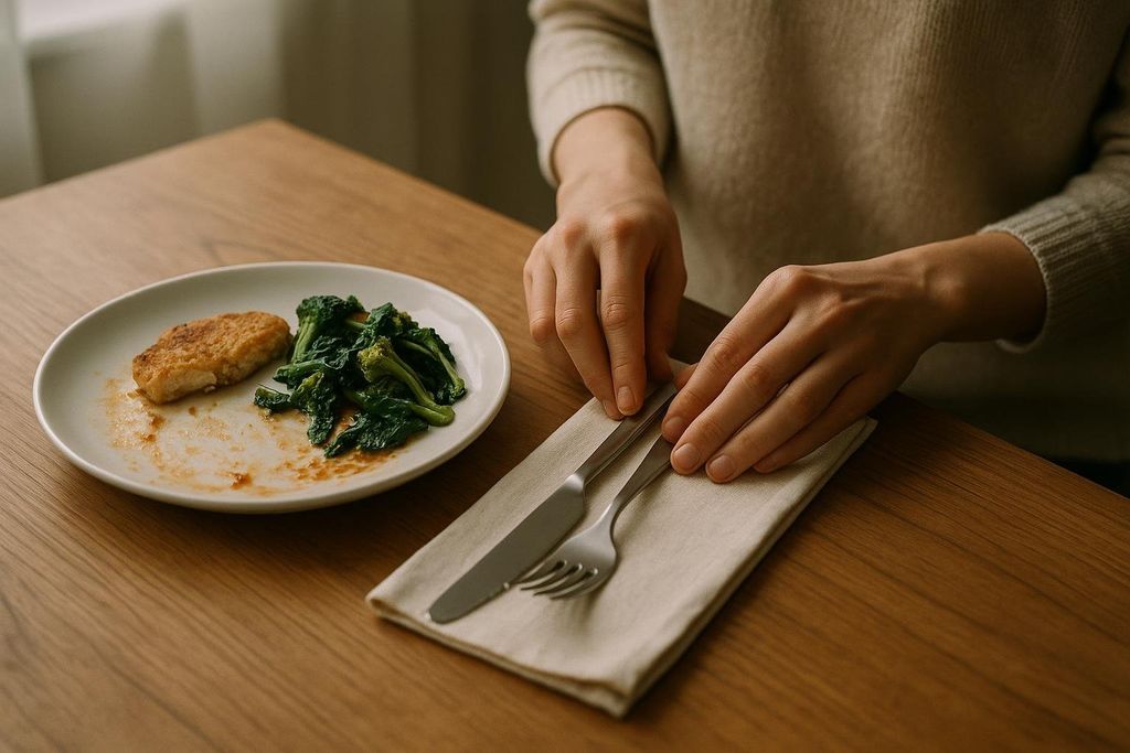 A person's hands placing a fork and knife down on a beige cloth napkin, signaling a pause during a meal. A white plate with a partially eaten breaded cutlet and green vegetables is visible to the left on a wooden table.