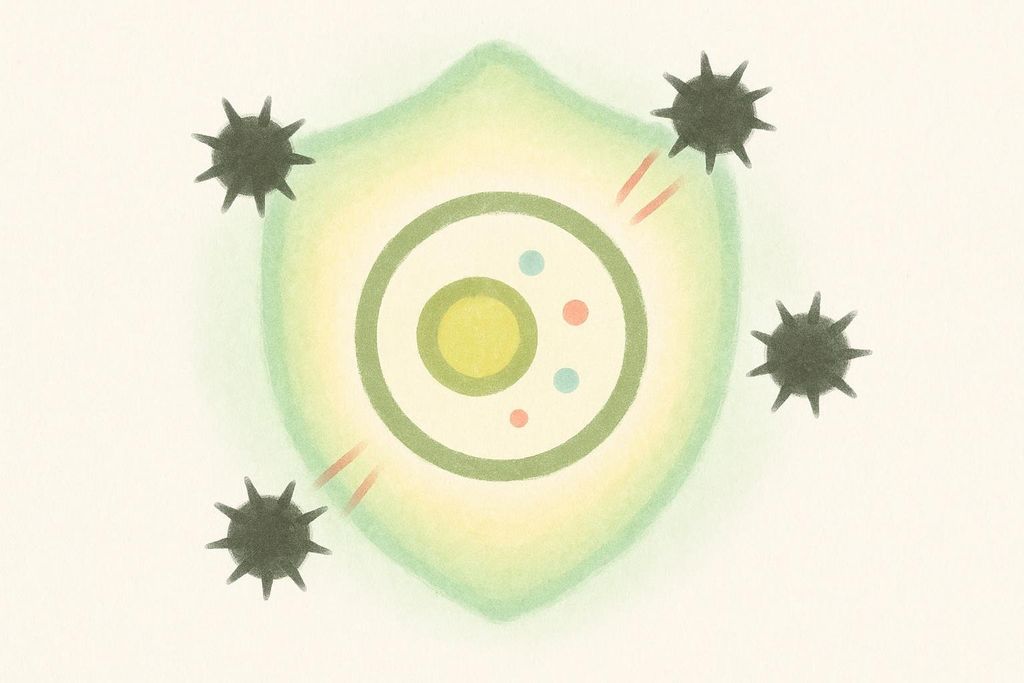 Illustration of a cell protected by a glowing, shield-shaped aura, deflecting spiky dark particles away from it. This represents the antioxidant properties of NAC.