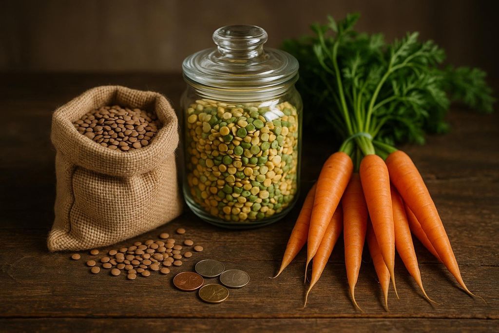 A photo of inexpensive pantry staples, including a burlap bag of lentils, a glass jar filled with split peas, a bunch of fresh carrots with green tops, and a small pile of coins. These ingredients represent budget-friendly and vegetarian cooking.