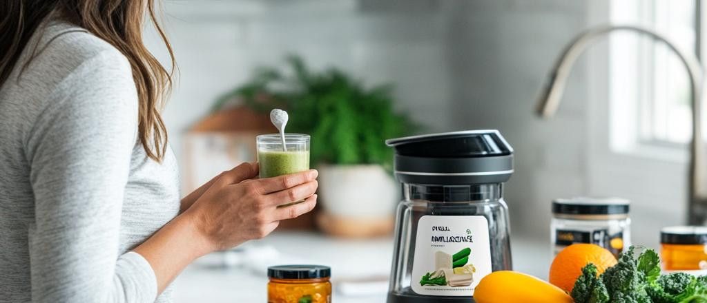 A person holds a small glass with a green beverage and a spoon inside, near a blender and fresh produce on a counter.