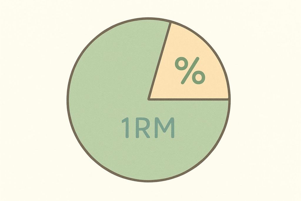 A pie chart is divided into two sections. The larger section is light green and labeled \"1RM\". The smaller section, about a quarter of the chart, is light orange and has a large percent sign in the center.