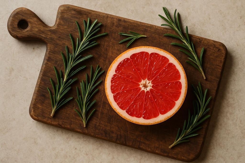 A vibrant half grapefruit and several sprigs of fresh rosemary laid out on a dark wooden cutting board. The grapefruit's red flesh and the green rosemary stand out against the rustic board.